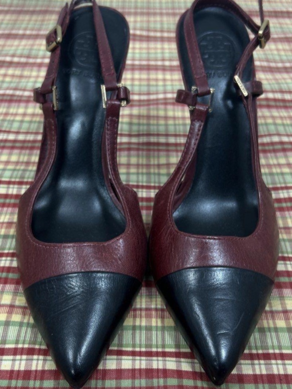 Tory Burch Burgundy and Black Pointed Slingback Heels Size 10